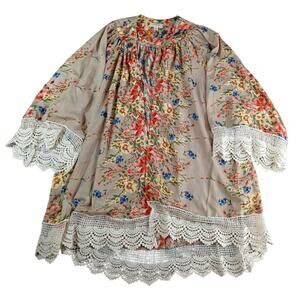 Umgee Shirt Women Small Medium Brown Floral Print Long Sleeve Lace Blouse Boho